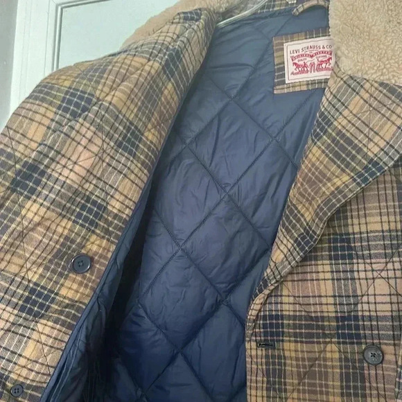 Levi's Checkered Wool-Blend Puffer Coat - Brown and Navy - Picture 9 of 14